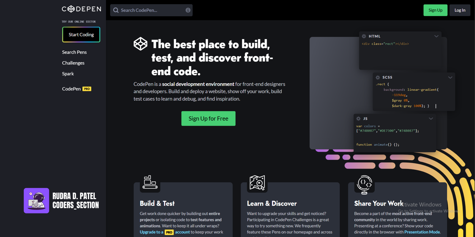 The CodePen interface showing a creative web project.